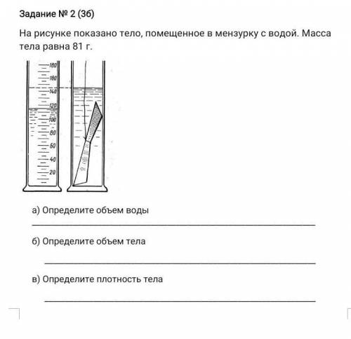 На рисунке показано тело, помещенное в мензурку с водой. Масса тела равна 81 г. а) Определите объем