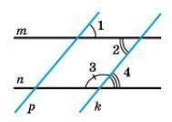 Знайдіть ∠2 та ∠3, якщо m∥n; p∥k; ∠1=42°. ∠2=52°; ∠3=128° ∠2=138°; ∠3=42° ∠2=42°; ∠3=138° ∠2=46°; ∠3