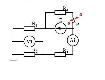E = 150 B, R1 = R2 = R3 = R4 = 50 Oм. Показания амперметра при а) разомкнутом в) замкнутом ключах