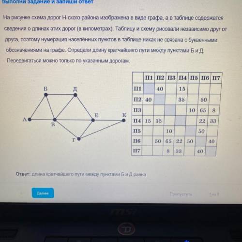 На рисунке схема дорог Н-ского района изображена в виде графа, а в таблице содержатся Сведения о дли