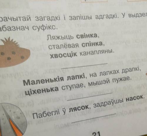 3. Прачытай загадкі і запішы адгадкі. У выдзеленых словах абазнач суфікс.1)Ляжыць свінка,Сталёвая сп