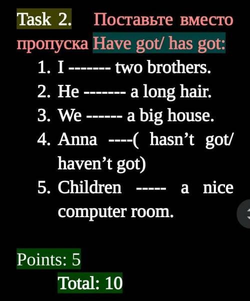 Task 2. Поставьте вместо пропуска Have got/ has got: I two brothers.He a long hair.We a big house