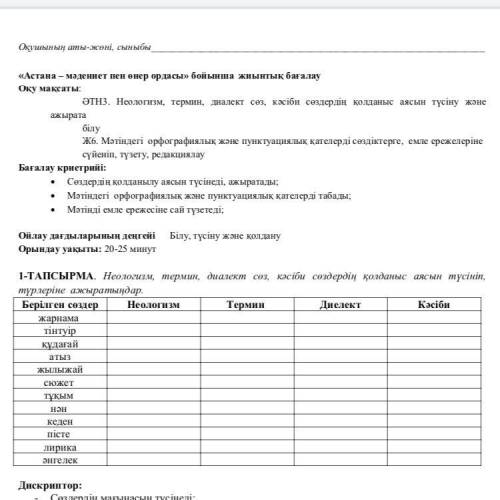 1-ТАПСЫРМА. Неологизм, термин, диалект сөз, кəсіби сөздердің қолданыс аясын түсініп, түрлеріне ажыра