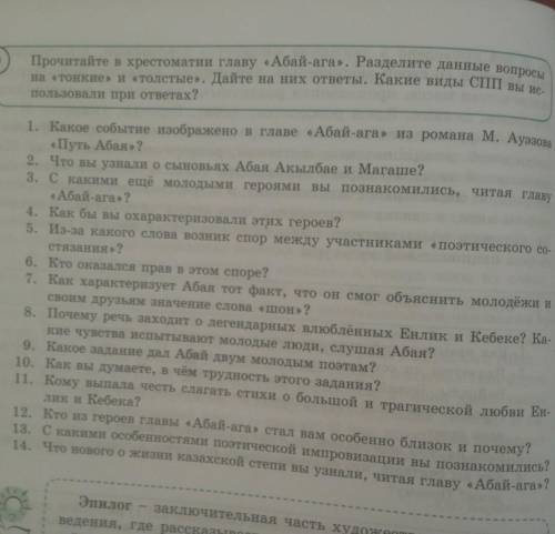 Прочитайте в хрестоматии главу «Абай-ага». Разделите данные вопросына «тонкие» и «толстые». Дайте на