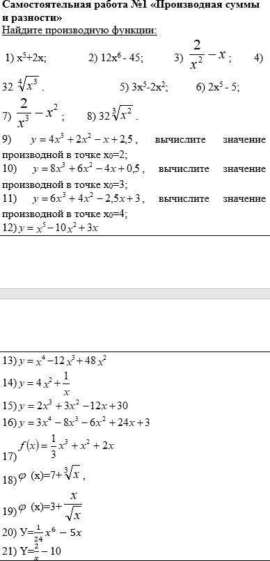 Самостоятельная работа №1 «Производная суммы и разности»