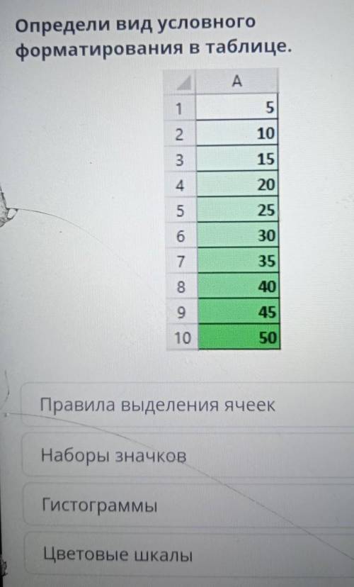 Определи вид условногоформатирования в таблице.​