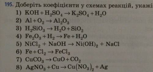 Доберіть коефіцієнти у схемах реакції , укажіть їхні типи:​