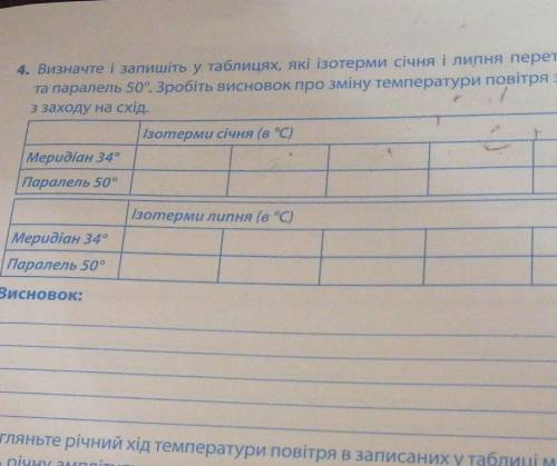 Табличку зробити які ізотерми січня і липня перетинають меридіан 34градуса і паралель 50 градуса есл