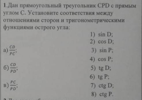 Дан прямоугольный треугольник CPD с прямым углом С. Установите соответствия между отношениями сторон