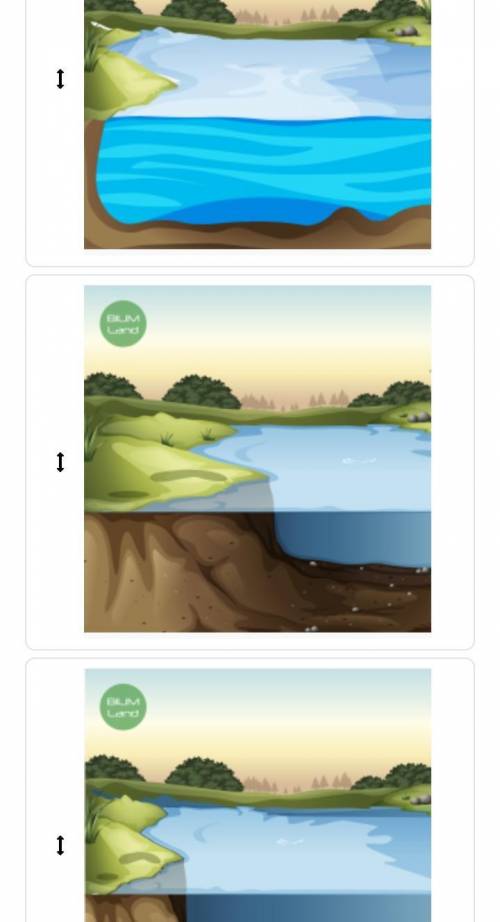 Образование озер проходит три стадии развития. Расположите картинки сверху вниз, перенося их по мере