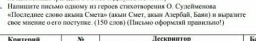 Напишите письмо одному из героев стихотворения О. Сулейменова «Последнее слово акына Смета» (акын См