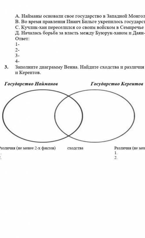 3. Заполните диаграмму Венна. Найдите сходства и различия государства Найманов и Кереитов. Государст