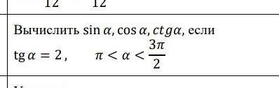 Вычислите sin a, cos a, ctg a, если tg a=2, П<а<3П/2​