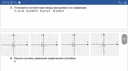 ⦁ Установите соответствие между функциями и их графиками ⦁ у= 2х 2) у=2х+3 3) у=-х-3 4) у=2х-3 3зада