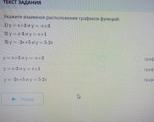 ТЕКСТ ЗАДАНИЯ Укажите взаимное расположение графиков функций:1) y=x+3 и у = -x+32) y = x-3 и = x+13)