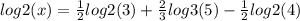 log2(x) = \frac{1}{2} log2(3) + \frac{2}{3} log3(5) - \frac{1}{2} log2(4)