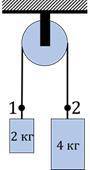 Вантажі з масами 2 кг та 4 кг з’єднані ниткою, перекинутою через нерухомий блок. З якими прискорення