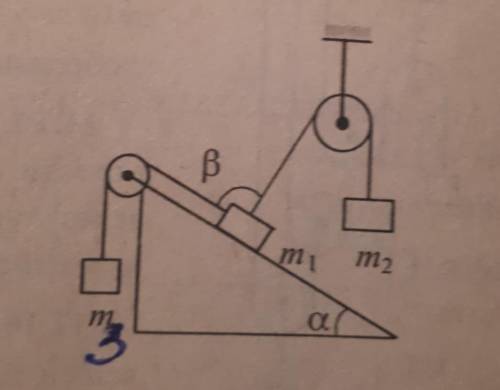 Система в равновесии, известны массы m1 , m2 и угол альфа. Трения нет. Угол бетта прямой. Найти масс