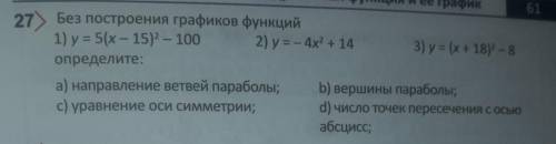 Без построения графиков функций 1) у = 5(х - 15) - 100 2) y = - 4x2 + 14 3) y = (x + 180 – 8)определ