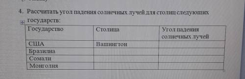 4. Рассчитать угол падения солнечных лучей для столиц следующих + государств:ГосударствоСтолицаУгол