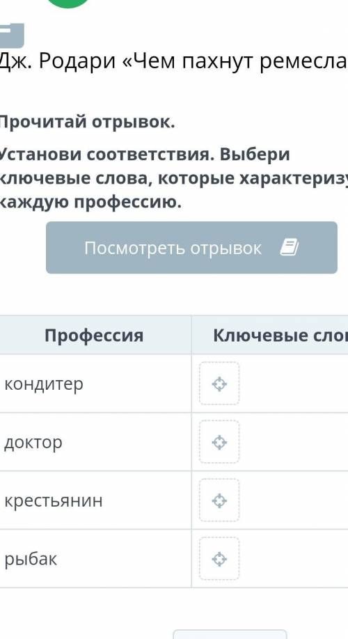 Дж. Родари «Чем пахнут ремесла?» Прочитай отрывок.Установи соответствия. Выбери ключевые слова, кото