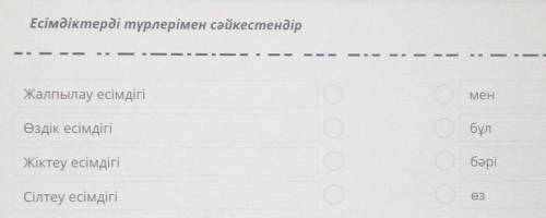 Есімдіктерді түрлерімен сәйкестендір Жалпылау есімдігіОменӨздік есімдігібұлОбәріЖіктеу есімдігіСілте