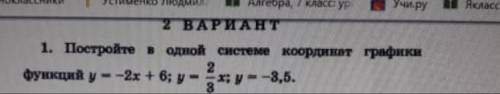 Постройте в одной системе кординат графики функций y= -2x+6; y= 2/3x; y= -3,5