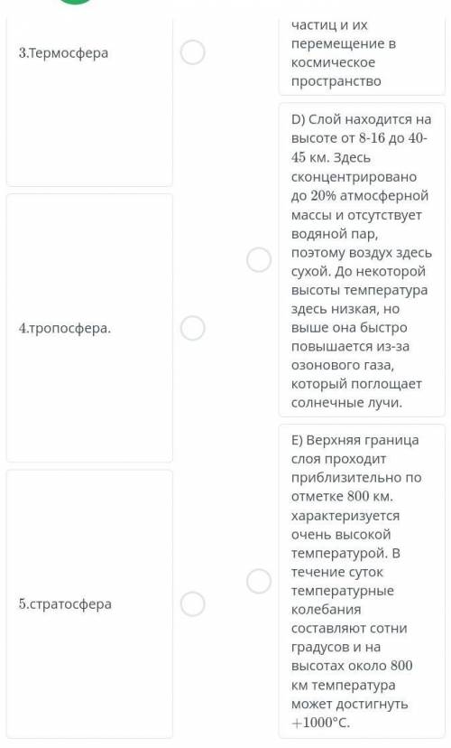 найдите соответствие между слоями атмосферы и их описанием. Там еще Мезосфера и верхний слой атмосфе