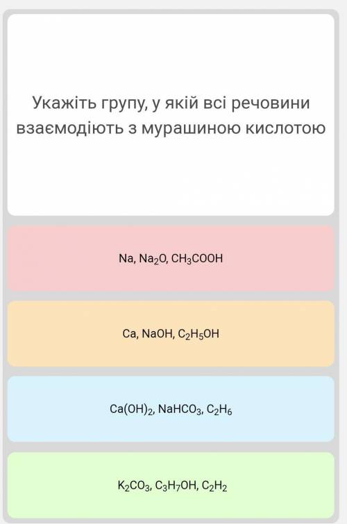 Укажіть групу у якій всі речовини взаємодіють з мурашиною кислотою​