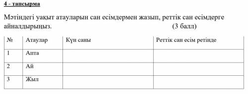 Мәтіндегі уақыт атауларын санесімдермен жазып, реттік сан есімдерге айналдырыңыз.