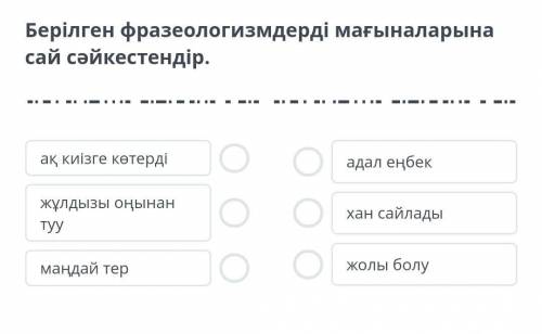 Берілген фразеологизмдерді мағыналарына сай сәйкестендір. ақ киізге көтерді жұлдызы оңынан туумаңдай