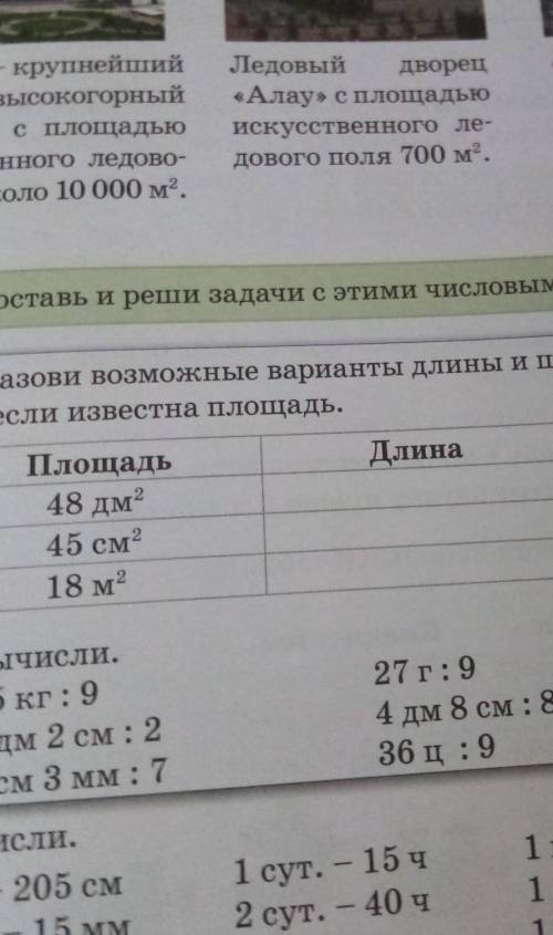 2. Назови возможные варианты длины и ширины прямоуг ка, если известна площадь.ПлощадьДлинаШирина48 д