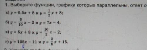 Задания 1. Выберите функции, графики которых параллельны, ответ обоснуйте:а) у = 0,5х + B и у=х+ 8;б