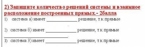 Запишите количество решений системы и взаимное расположение построенных прямых.​