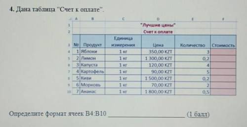 Дана таблица счет к оплате Определите формат ячеек В4:В10.