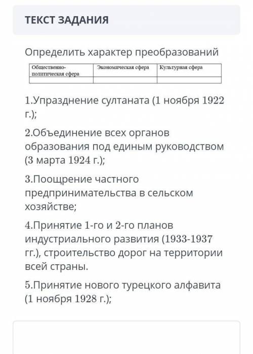 Определить характер преобразований 1.Упразднение султаната (1 ноября 1922 2.0бъединение всех органов