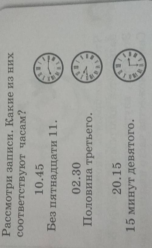 Рассмотри записи. Какие из них соответствуют часам?110.45Без пятнадцати 11.202.30Половина третьего.3