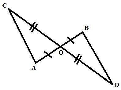 Вставьте пропущенное в решении. ЗАДАЧА. Отрезки АВ и CD пересекаются в их серединах в точке О. Длина