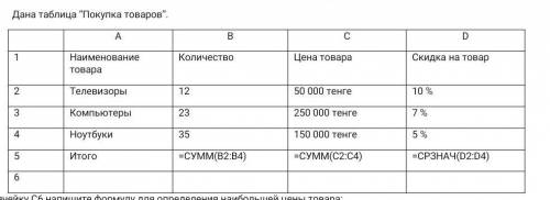 В ячейку С6 напишите формулу для определения наибольшей цены товара: