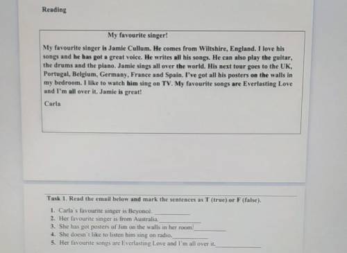 Task 1. Read the email below and mark the sentences as T (true) or F (false). 1. Carla's favourite s