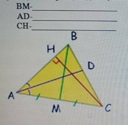 На рисунке изображен треугольник ABC.Укажите название следующих элементов на рисунке (бесектриса, ин