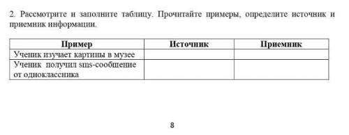 2. Рассмотрите и заполните таблицу. Прочитайте примеры, определите источник и приемник информации.Ис