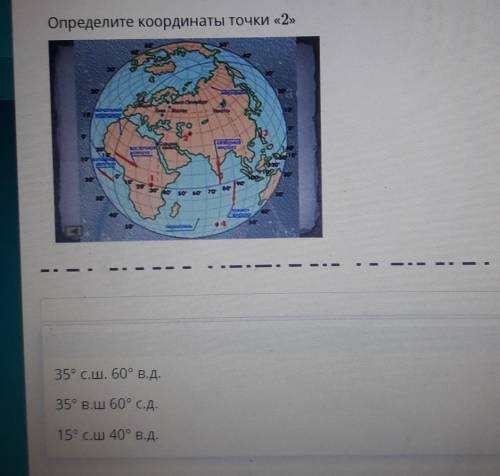 Определите координаты точки «2» кда35° с. ш. 60° в.д.35° В.Ш 60° С.Д.15° с. ш 40° в.д.​