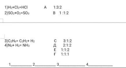 4. уравнять химические реакции, определить объемные найдите соответствие между отношениями.