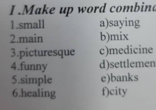 1.Make up word combinations. 1.small a)saying2.main b)mix3.picturesque c)medicine4.funny d)settlemen