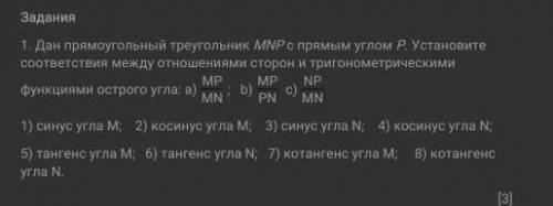 дан прямоугольник треугольник MNP с прямым углом P.установите соответствие между отношениями сторон