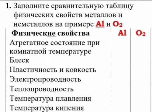 1.   Заполните сравнительную таблицу физических свойств металлов и неметаллов на примере Al и О2 Физ