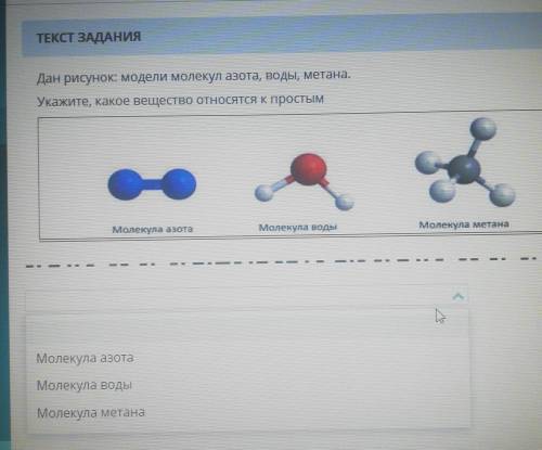 ТЕКСТ ЗАДАНИЯ Дан рисунок: модели молекул азота, воды, метана.Укажите, какое вещество относятся к пр