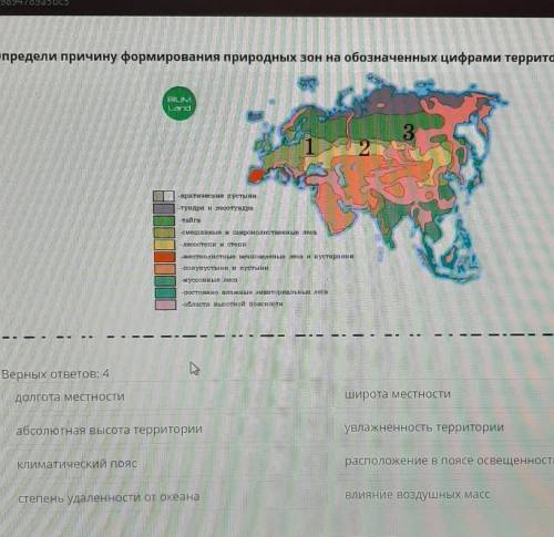 определи причину формирования природных зон на обозначенных цифрами территориях.верных ответов