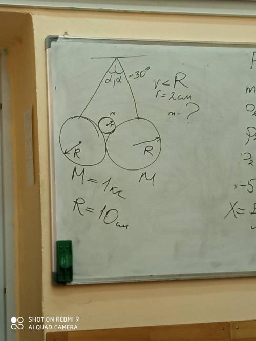 Два одинаковых шара подвешены на одинаковых нитках так, что угол между ними = 2альфа, масса каждого